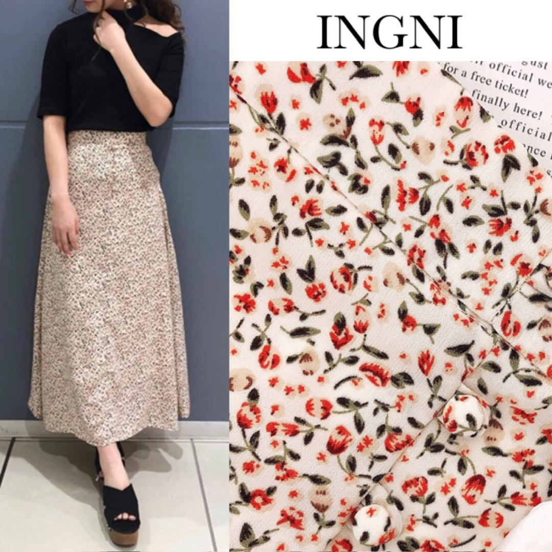 INGNI(イング)のイング 花柄 フレア ロング スカート　アイボリー レディースのスカート(ロングスカート)の商品写真
