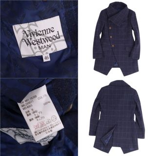 美品 ヴィヴィアンウエストウッドマン Vivienne Westwood MAN コート ダブルブレスト サイドウェイカラー チェック柄 アウター  メンズ 46(S相当) ネイビー