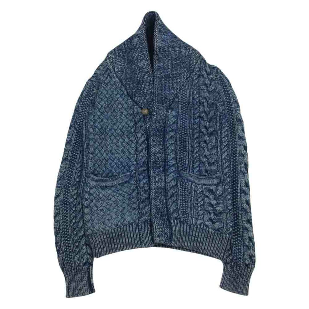 1piu1uguale3 ウノピュウノウグァーレトレ MRK061 VIRGIN INDIGO Panel cable shawl cardigan カシミヤ混コットンウール インディゴ ケーブル コンチョボタン カーディガン ネイビー系 4