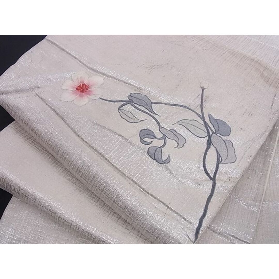 平和屋-こころ店■太鼓柄袋帯 刺繍 草花文 銀糸 正絹 逸品 A-az4852