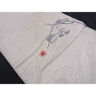 平和屋-こころ店■太鼓柄袋帯 刺繍 草花文 銀糸 正絹 逸品 A-az4852