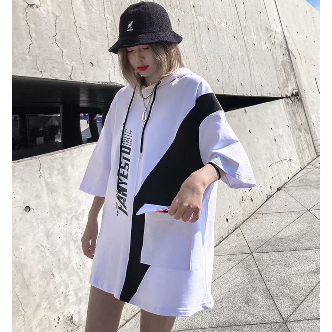 半袖パーカー Tシャツ カットソー トップス 男女兼用 通学 韓国 ...