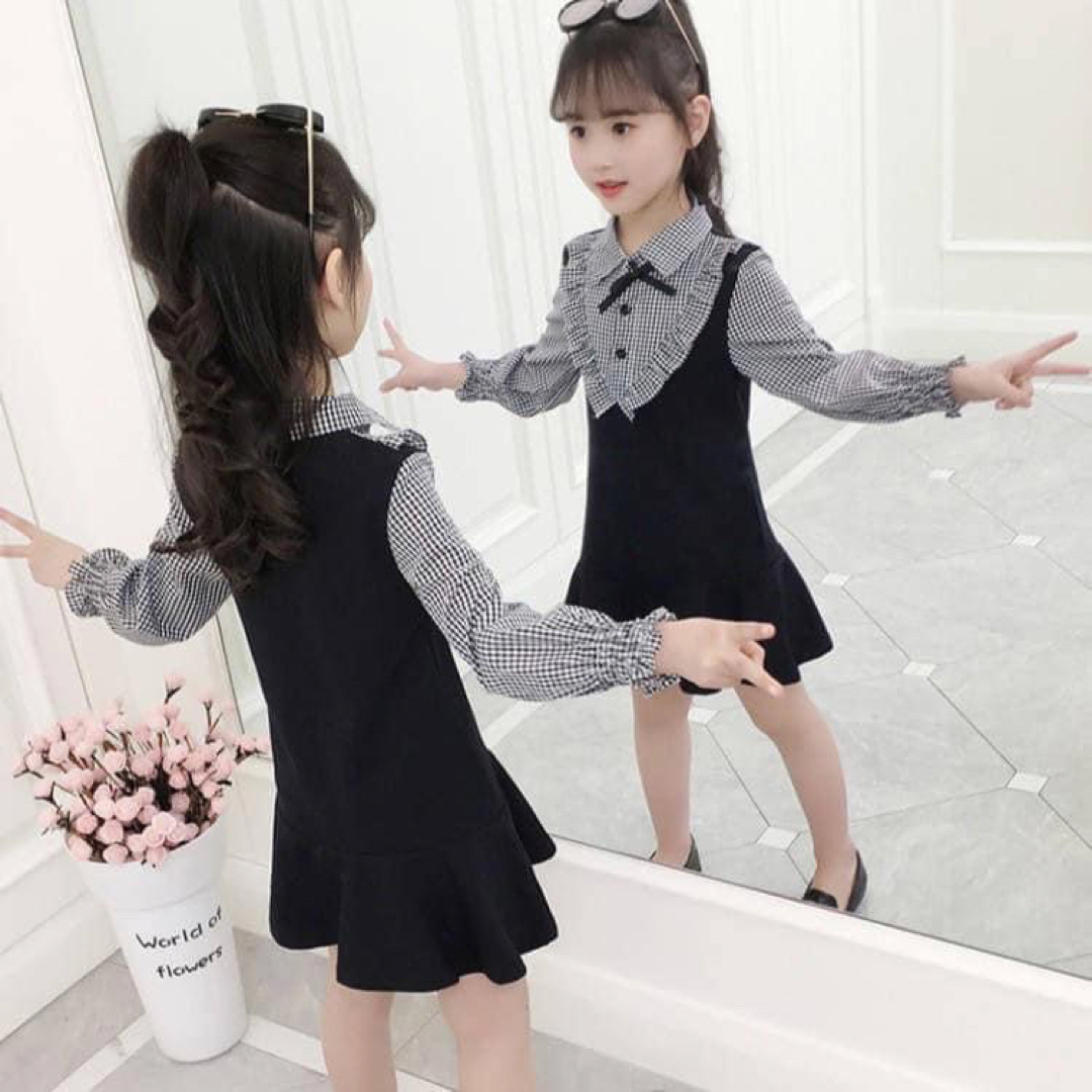 ♡ ギンガムチェック 長袖 ワンピース ♡ 150 新品 黒 キッズ フォーマル キッズ/ベビー/マタニティのキッズ服女の子用(90cm~)(ドレス/フォーマル)の商品写真