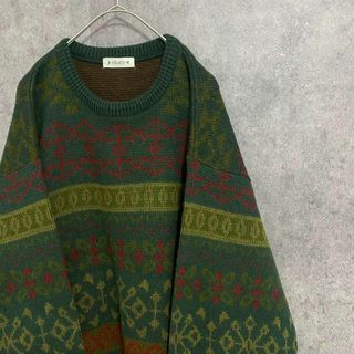 90S vintage 総柄ニット メンズ 日本製 深緑 古着 個性派の通販|ラクマ