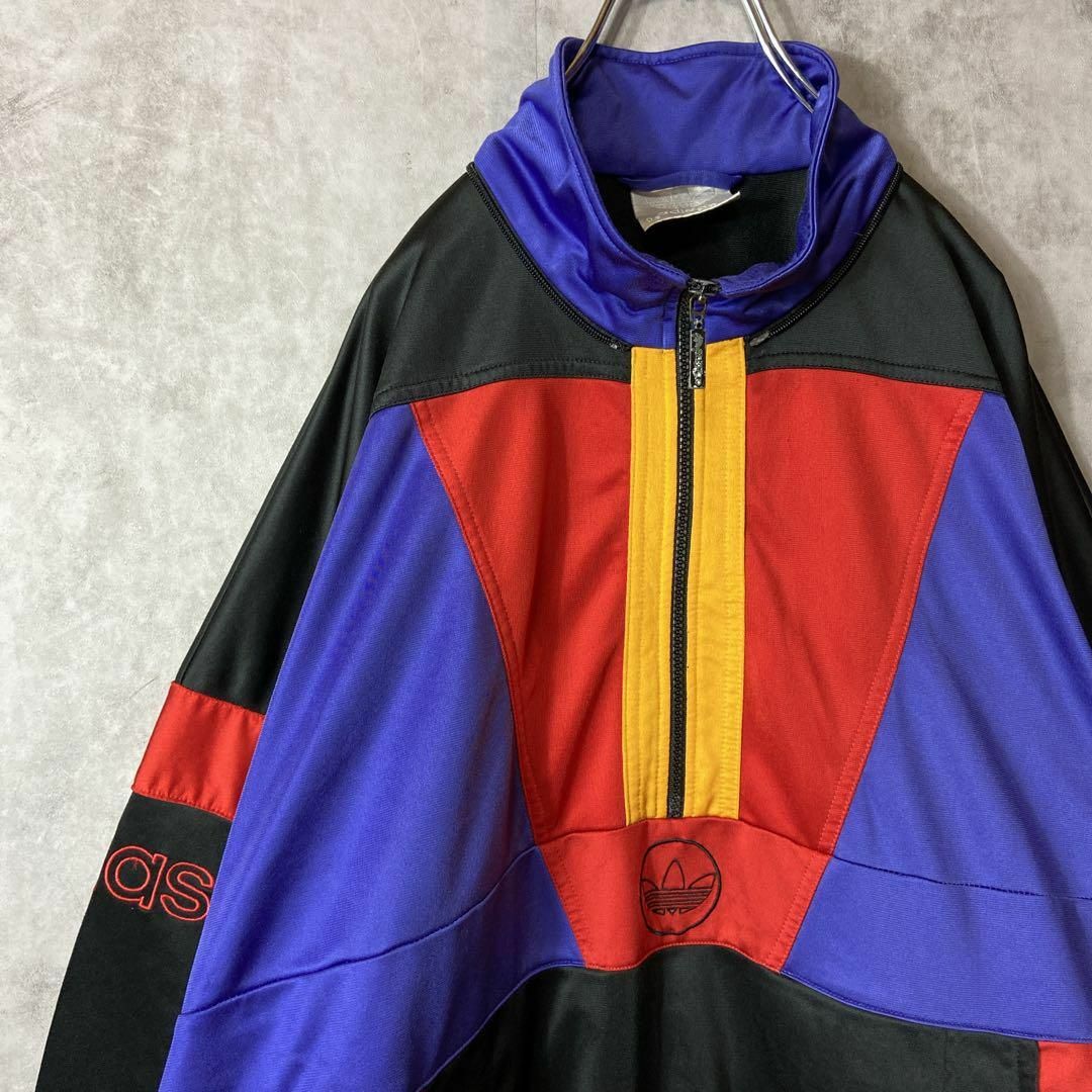 【人気ハーフジップ◎】adidasマルチカラースウェット紫ストリート90s