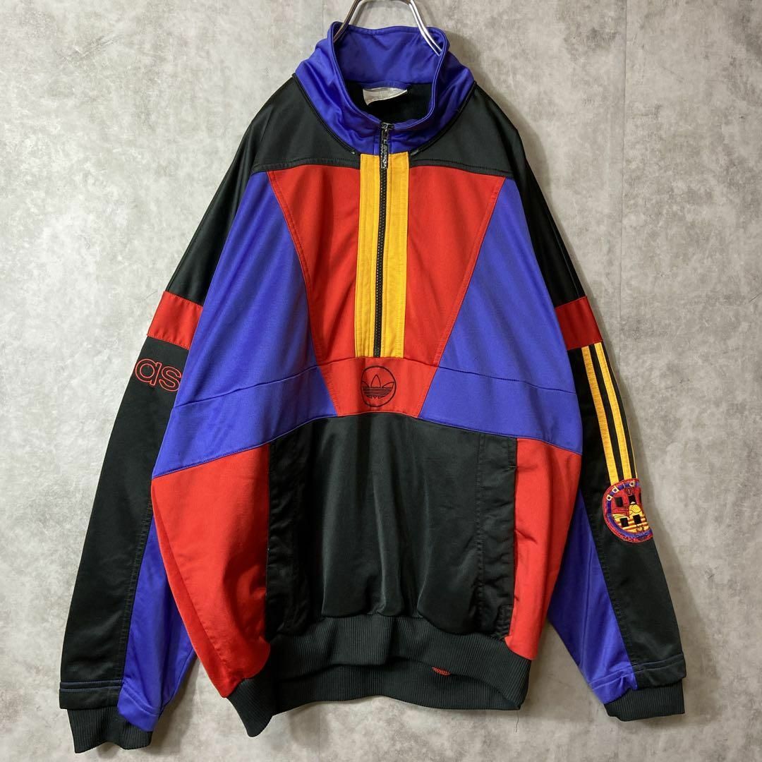 人気ハーフジップ◎】adidasマルチカラースウェット紫ストリート90s