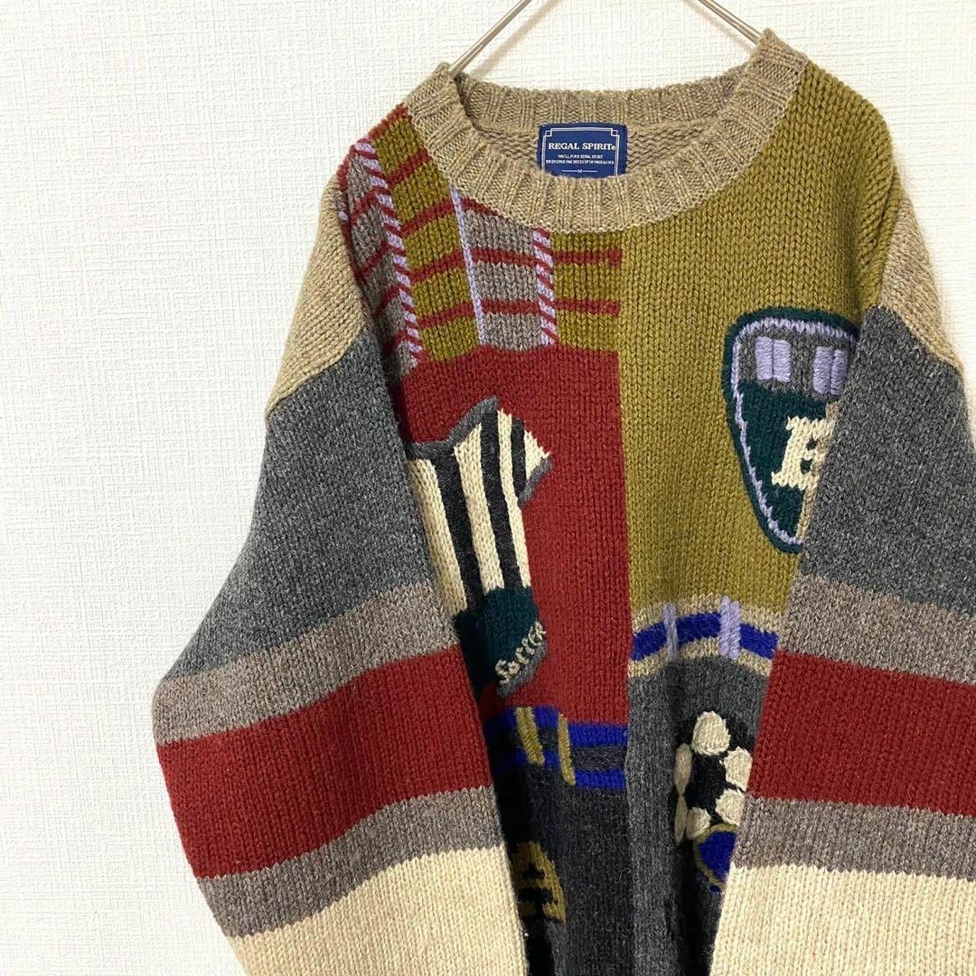 natuRAL vintage(ナチュラルヴィンテージ)のニット セーター クルーネック サッカー刺繍 太アーム M ウール メンズのトップス(ニット/セーター)の商品写真