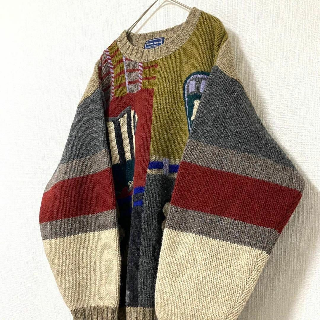 natuRAL vintage(ナチュラルヴィンテージ)のニット セーター クルーネック サッカー刺繍 太アーム M ウール メンズのトップス(ニット/セーター)の商品写真