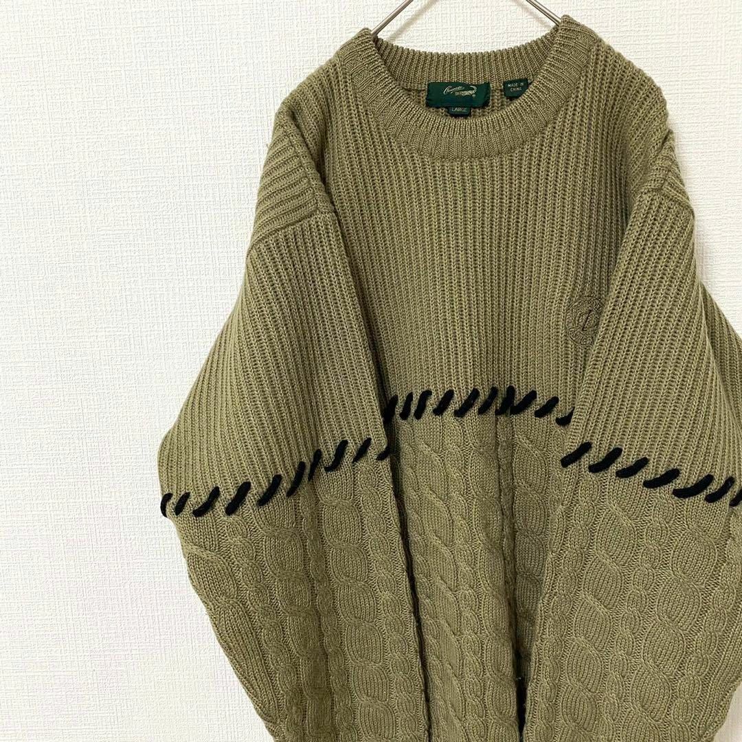ニット セーター クルーネック ケーブル編み 太アーム 刺繍ロゴ L ウール | フリマアプリ ラクマ