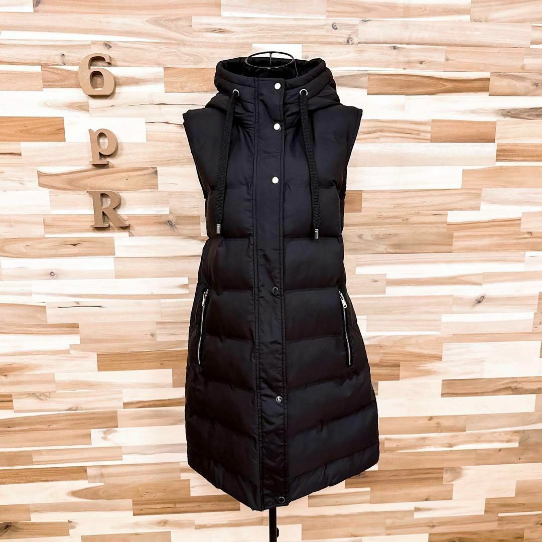 美品【ザラ】ZARA 中綿 ダウン ロング ベスト フード付き 秋冬 M 黒×銀-