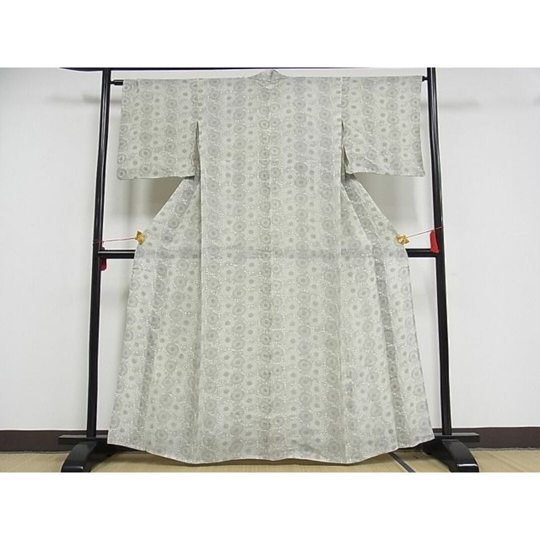 平和屋-こころ店■夏物　小紋　型染め　菊唐草　着丈161cm　裄丈66cm　綿麻　逸品　B-np7687