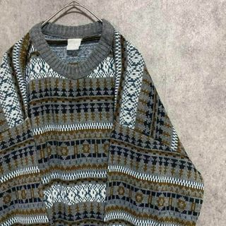 90S vintage 総柄ニット セーター メンズ 古着 個性派 奇抜 A3の通販