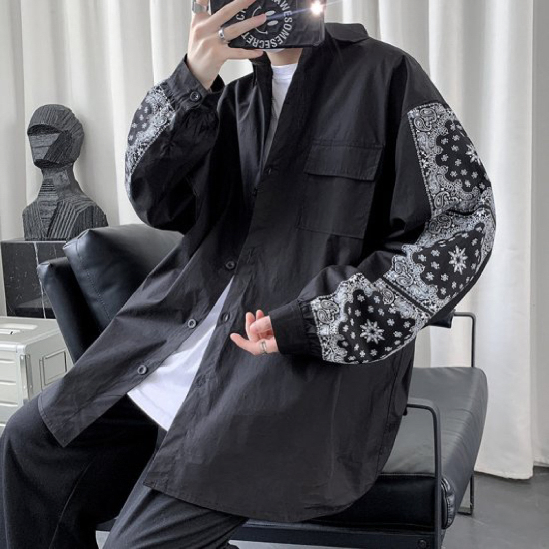 韓国 ペイズリー柄 長袖 オーバーサイズ シャツ メンズ ブラックの通販
