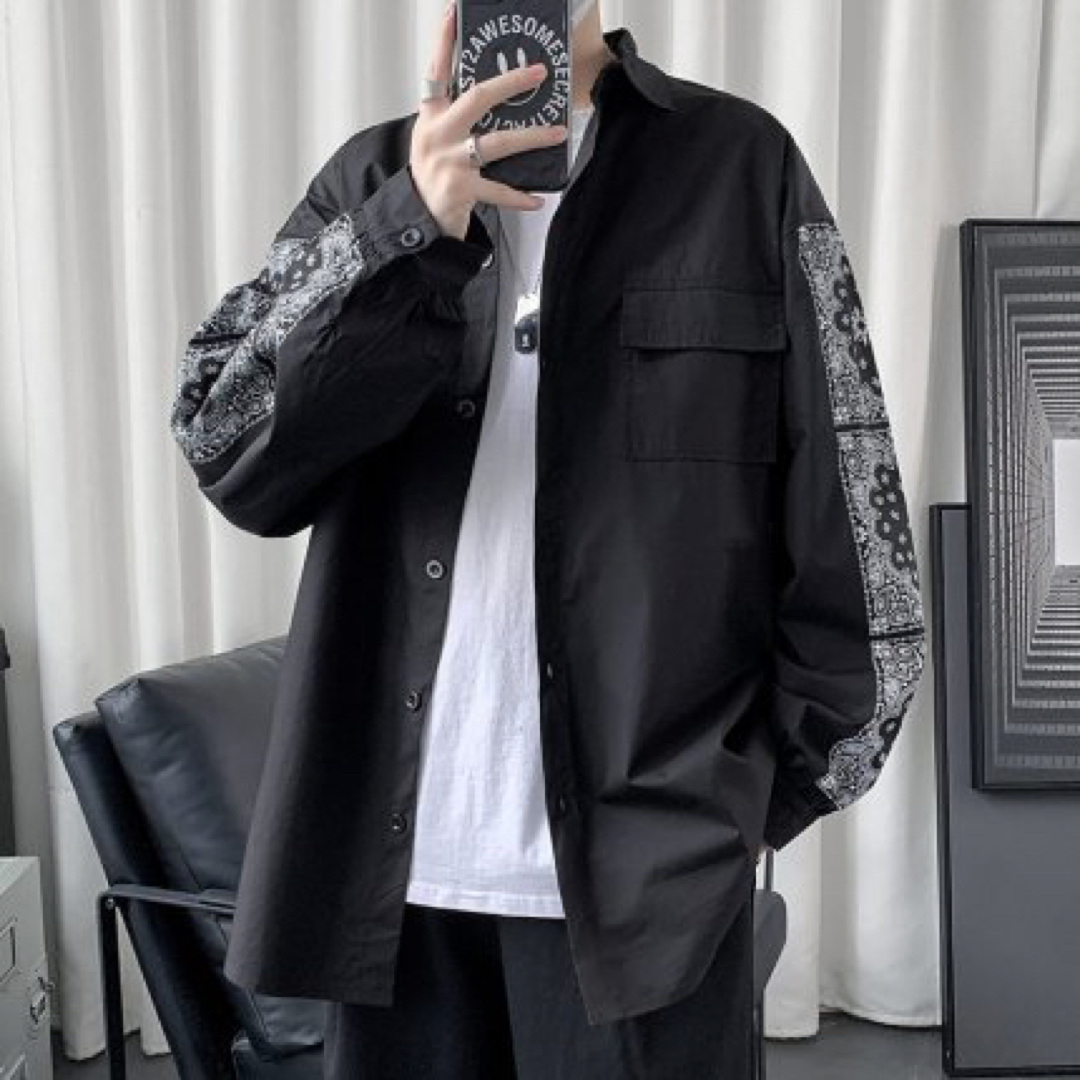 韓国 ペイズリー柄 長袖 オーバーサイズ シャツ メンズ ブラックの通販