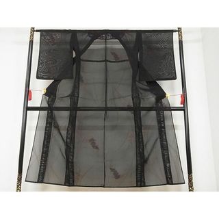 平和屋-こころ店■夏物 小紋 紗 蔦草文 黒地 銀糸 着丈151cm 裄丈62cm 正絹 逸品 A-ck4461