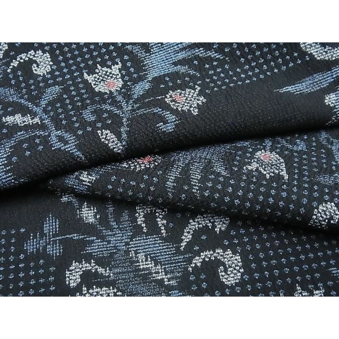 平和屋-こころ店□上質な小紋 単衣 更紗花文 黒地 着丈150cm 裄丈60.5