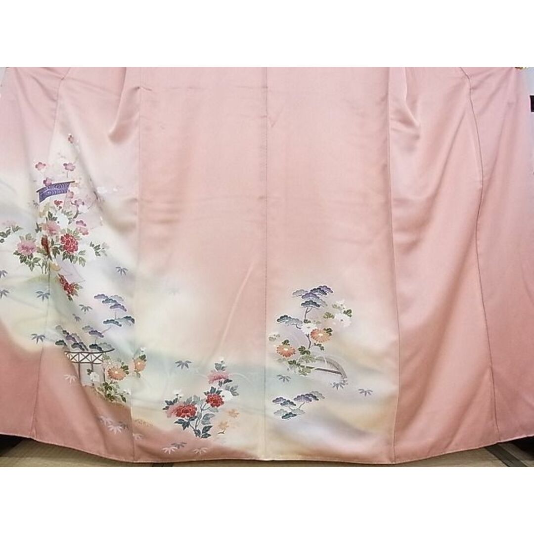 平和屋-こころ店■訪問着　竹垣花文　暈し染め　金彩　着丈161cm　裄丈61.5cm　正絹　逸品　A-ja4375