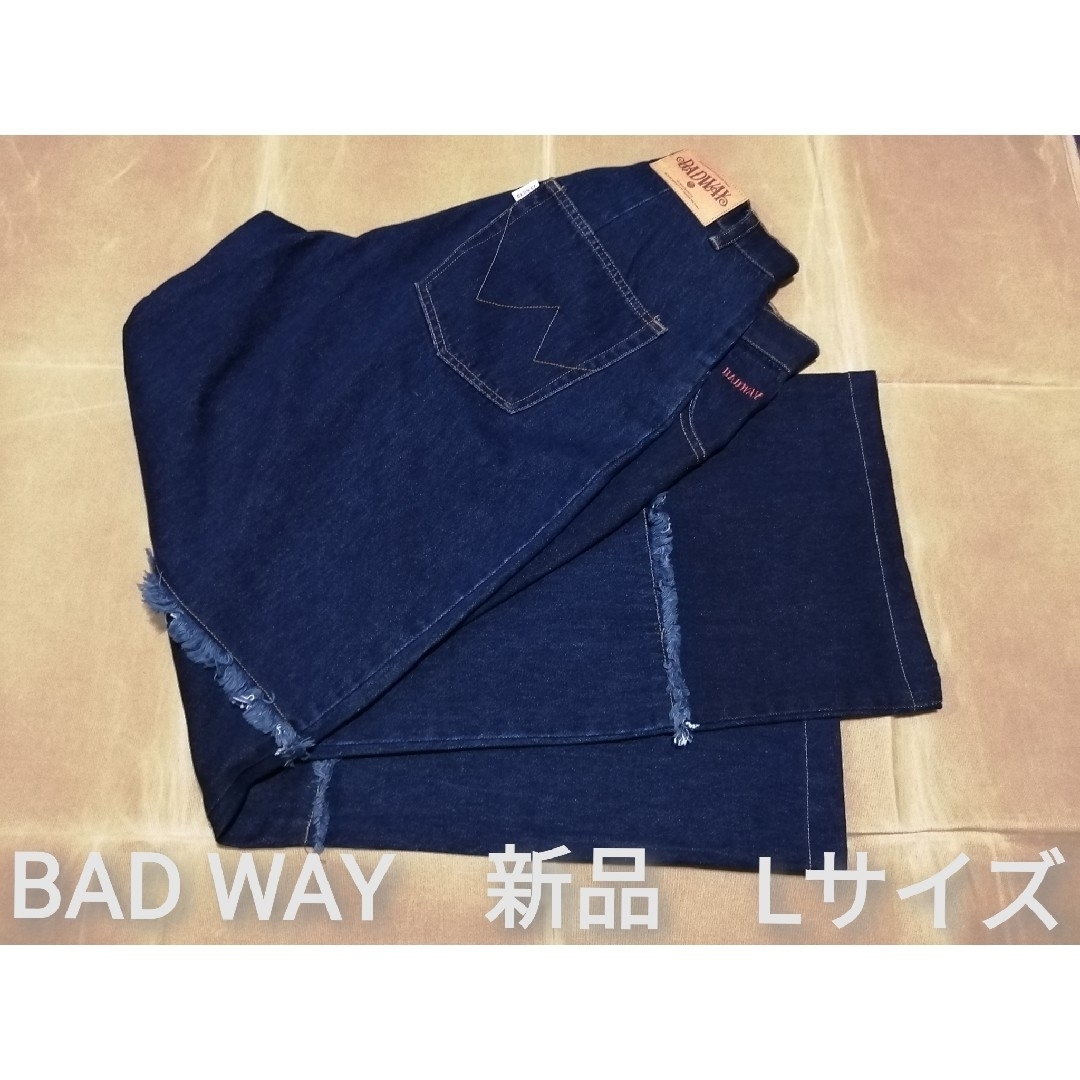 新品 BAD WAY Lサイズ ワイドアシンメトリーフリンジジーンズ - デニム