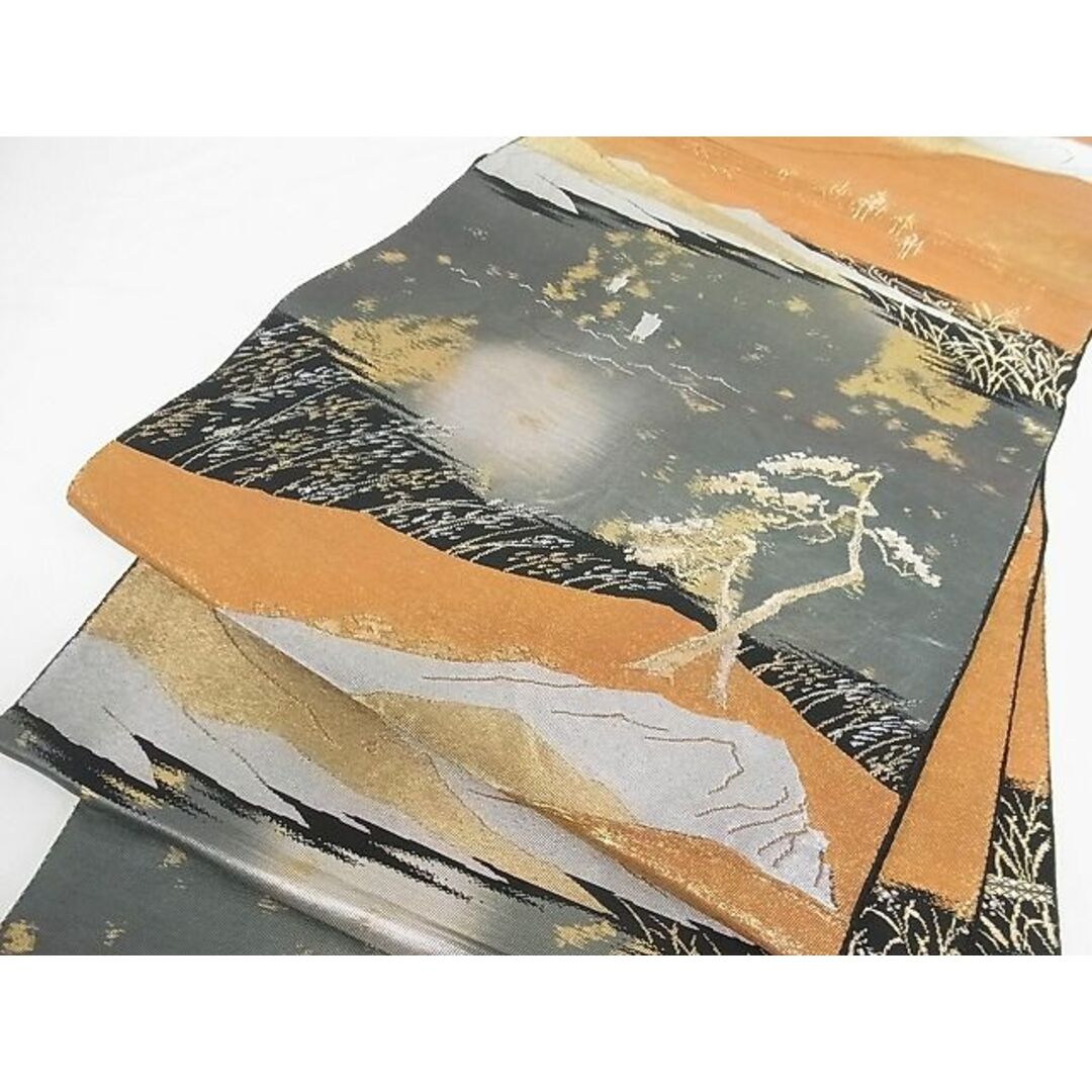 平和屋-こころ店■六通柄袋帯 風景文 黒地 金銀糸 引箔 正絹 逸品 A-tn2722