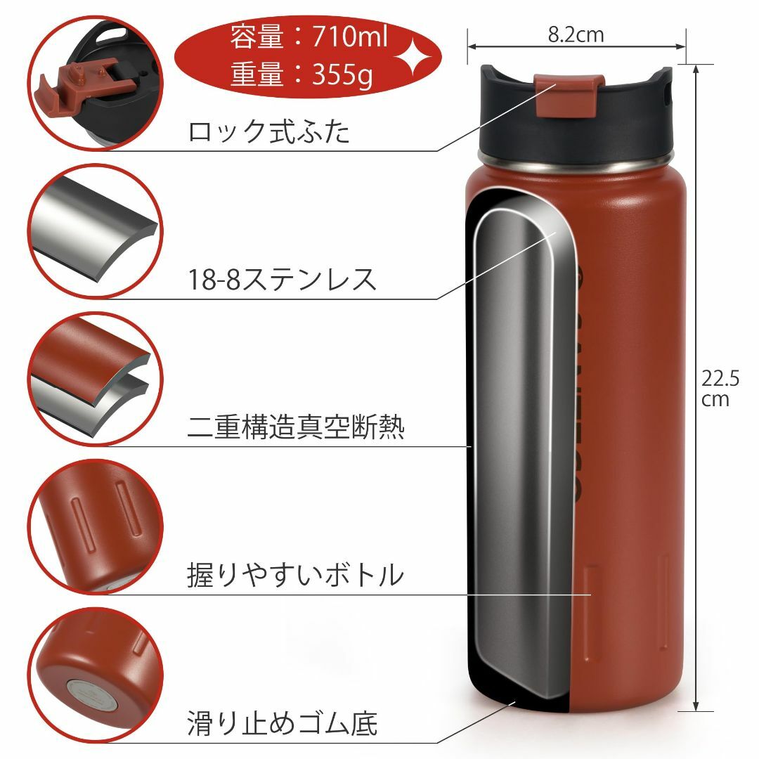 【色: カーキ】SANTECO 水筒 710ml 大容量 直飲み 真空断熱 魔法