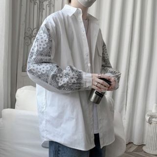 韓国 ペイズリー柄 長袖 オーバーサイズ シャツ メンズ ホワイト(シャツ)