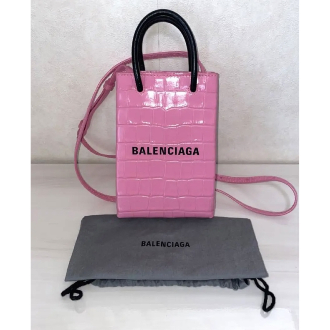 BALENCIAGA ショッピング フォンホルダー クロコ型押しレザーバッグ