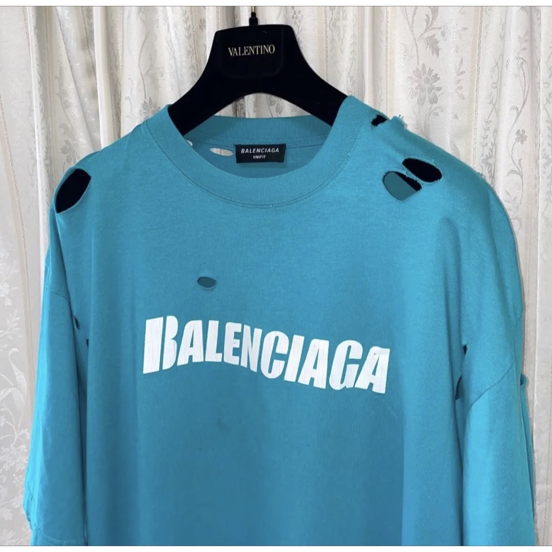 【希少】BALENCIAGA 21SS ターコイズ デストロイTシャツ