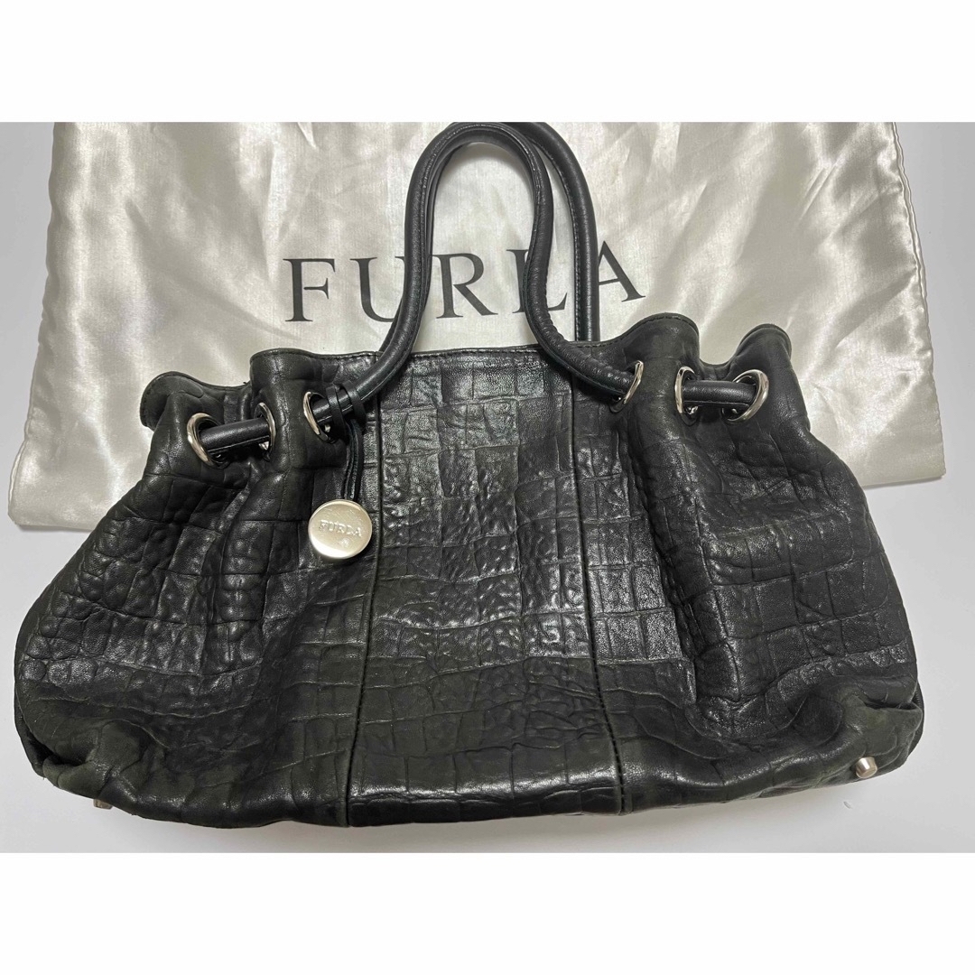 FURLA フルラ レザーバッグ 本革 クロコダイル型押し 黒 A4収納可