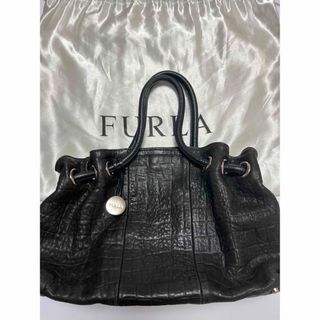 Furla - FURLA フルラ 本革 牛革クロコダイル型押しハンドバッグ 黒の ...