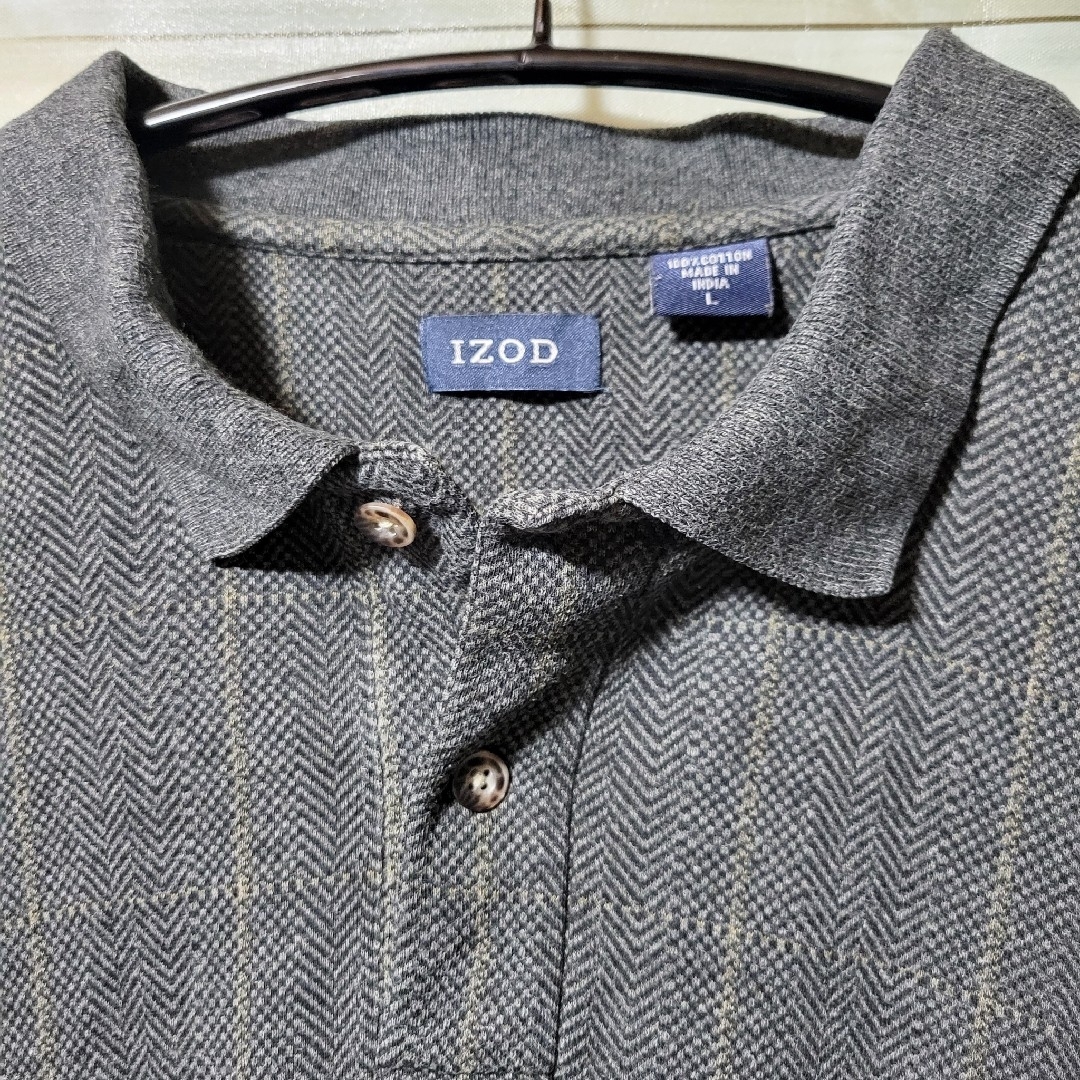 IZOD ポロシャツ 長袖 総柄 チェック ヘリンボーン ダークグレー L メンズのトップス(ポロシャツ)の商品写真