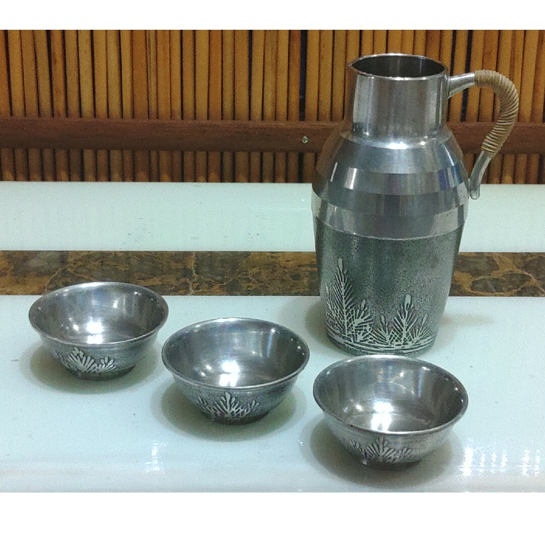 錫半 酒器 徳利・お猪口3点セット 昭和レトロ 箱付き かわいい酒器セット 廃版