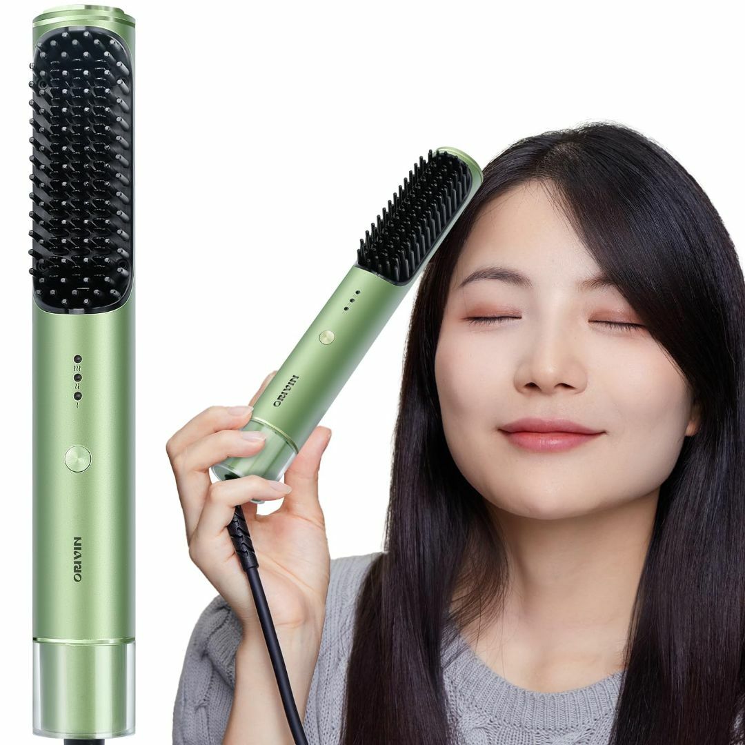 【色: Green】ヘアアイロンブラシ ヒートブラシ ブラシアイロン 縮れフリー