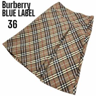 バーバリーブルーレーベル(BURBERRY BLUE LABEL)のバーバリーブルーレーベル タックスカート　ノバチェック ウール混　ベージュ 36(ひざ丈スカート)