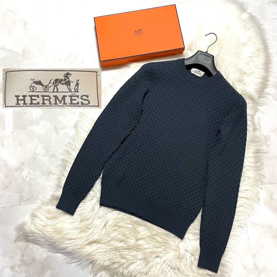 本物 未使用 箱付き エルメス H 総柄 ニット セーター S 紺 HERMES