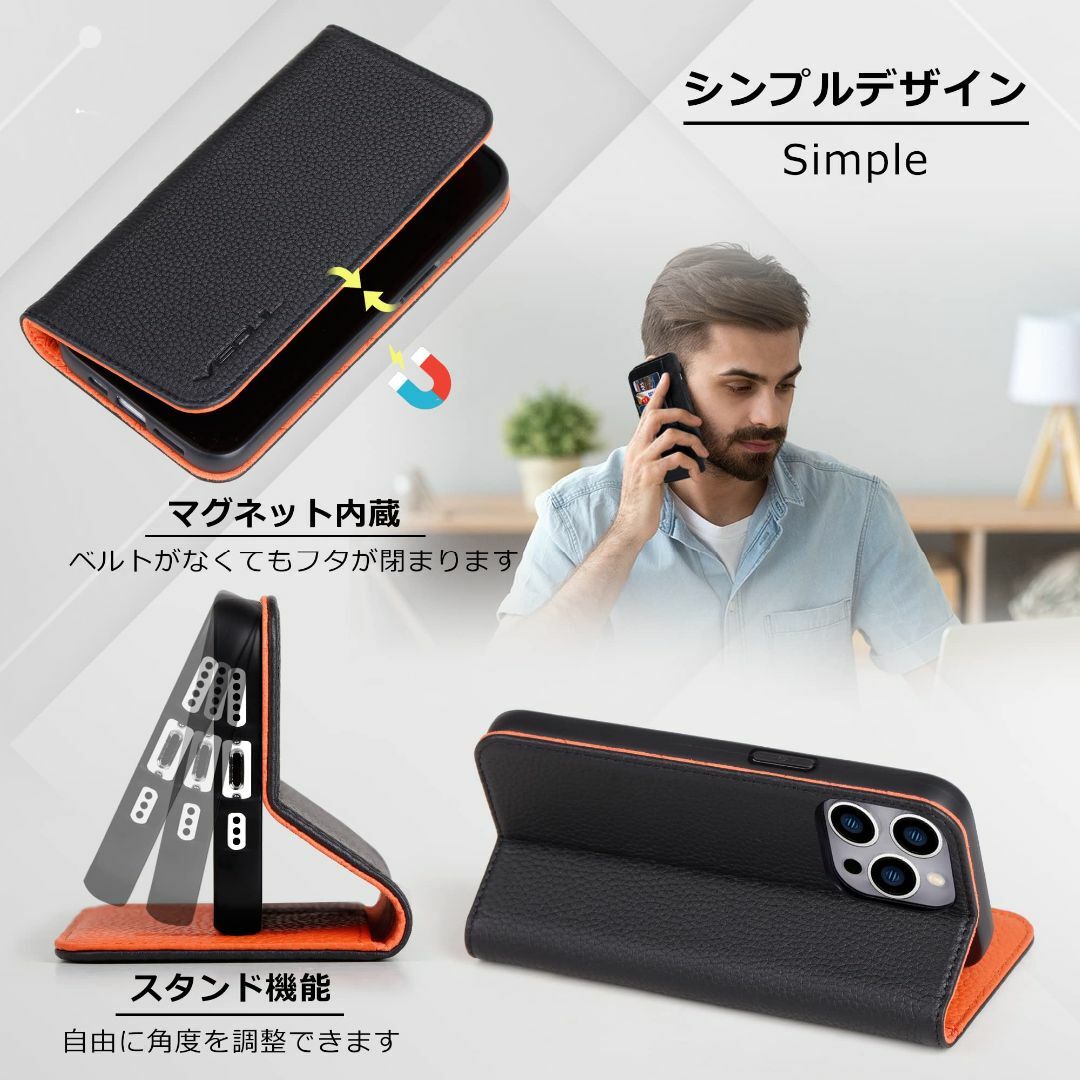 【色: オレンジ】VISOUL iphone15 Pro ケース 手帳型 本革 2