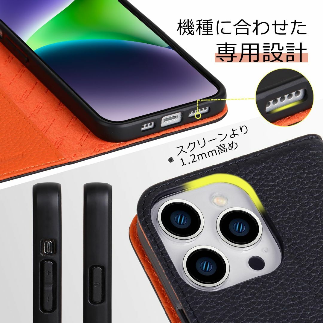 【色: オレンジ】VISOUL iphone15 Pro ケース 手帳型 本革 4