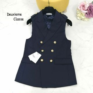 ドゥーズィエムクラス(DEUXIEME CLASSE)の新品タグ付✨ ドゥーズ エムクラス　ジレ　ダブル　金ボタン　美シルエット　紺　F(ベスト/ジレ)