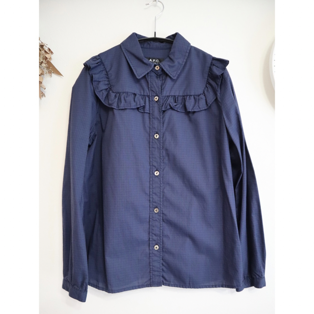 A.P.C. アーペーセー グラフチェックフリルシャツ　ブラウス　ネイビー