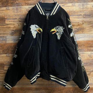 ART VINTAGE - ベロアスカジャン黒ブラックメンズ古着刺繍和柄龍竜