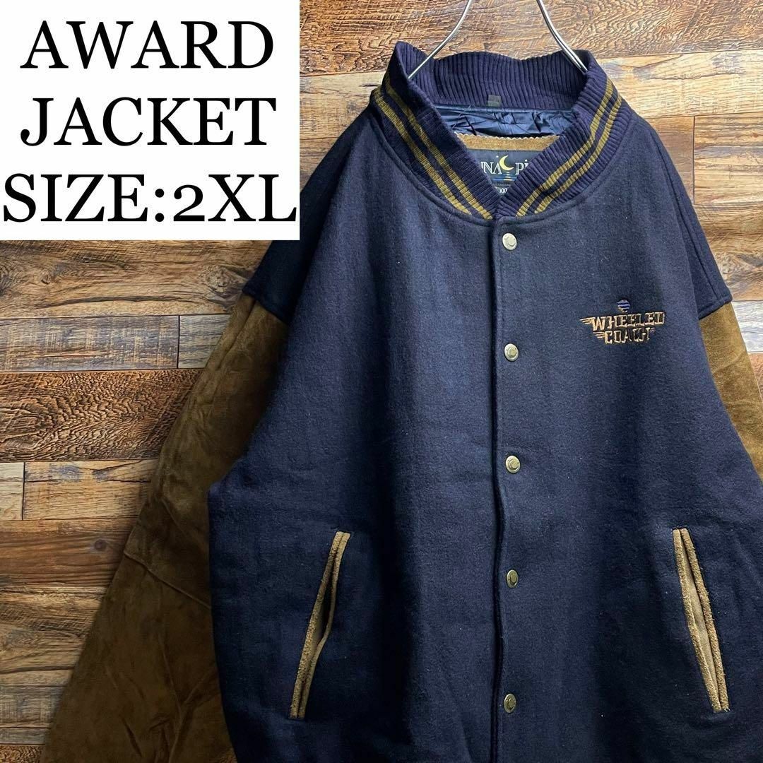 ART VINTAGE - スタジャン袖スエード本革袖レザー袖革紺ネイビー刺繍