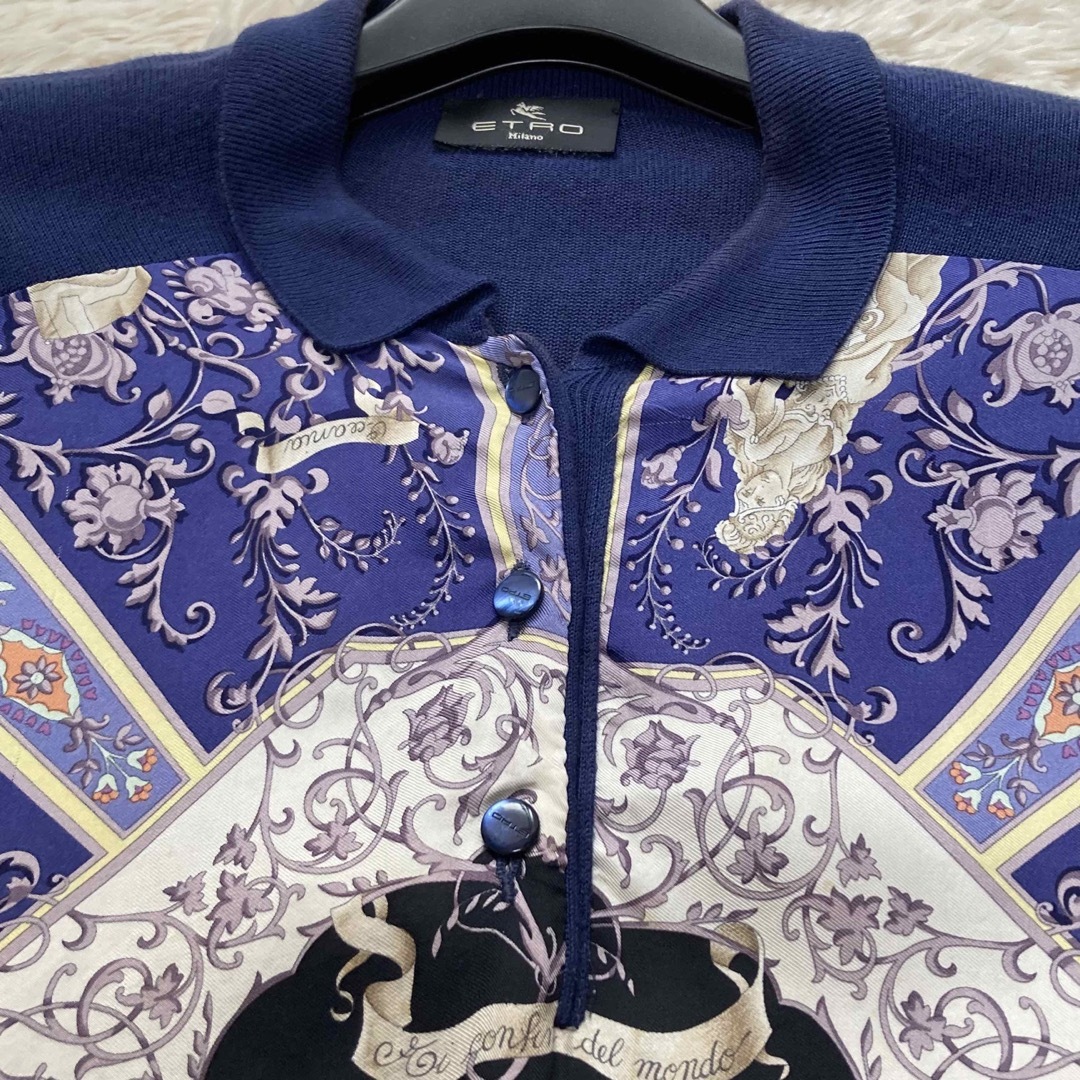 ETRO(エトロ)のETRO エトロ 長袖ニットセーター シルク プリント 襟 紺 44 レディースのトップス(ニット/セーター)の商品写真