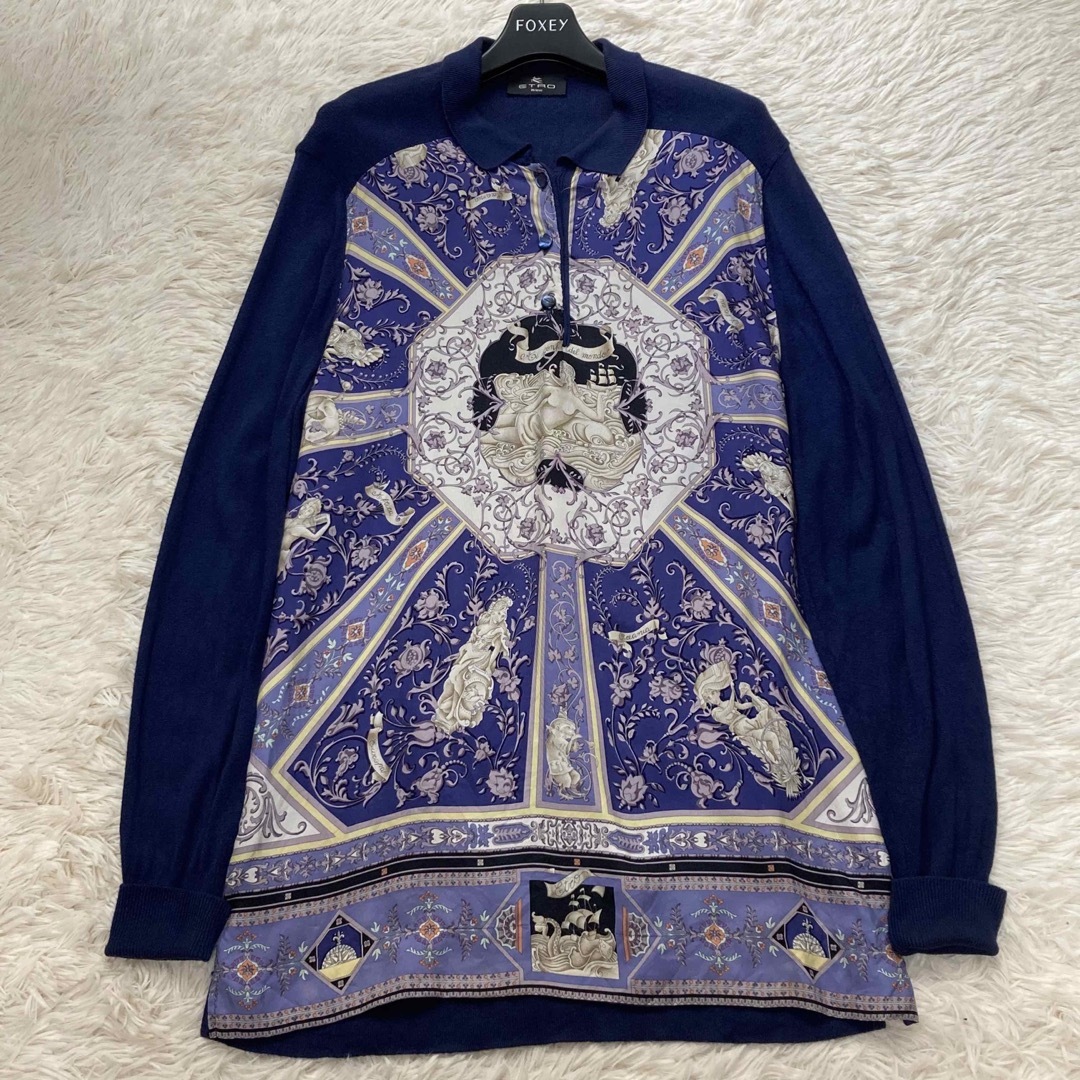 ETRO(エトロ)のETRO エトロ 長袖ニットセーター シルク プリント 襟 紺 44 レディースのトップス(ニット/セーター)の商品写真