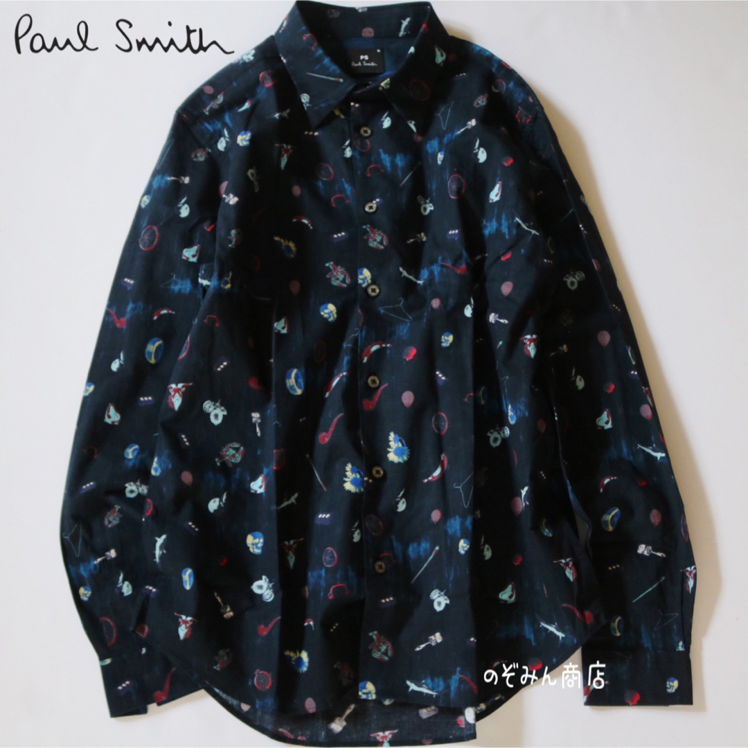 【PAUL SMITH】美品　長袖シャツ　総柄　紺　M★