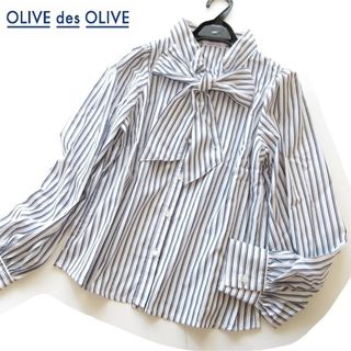 オリーブデオリーブ(OLIVEdesOLIVE)の新品OLIVE des OLIVE ストライプボウタイリボンブラウス/WH×NV(シャツ/ブラウス(長袖/七分))