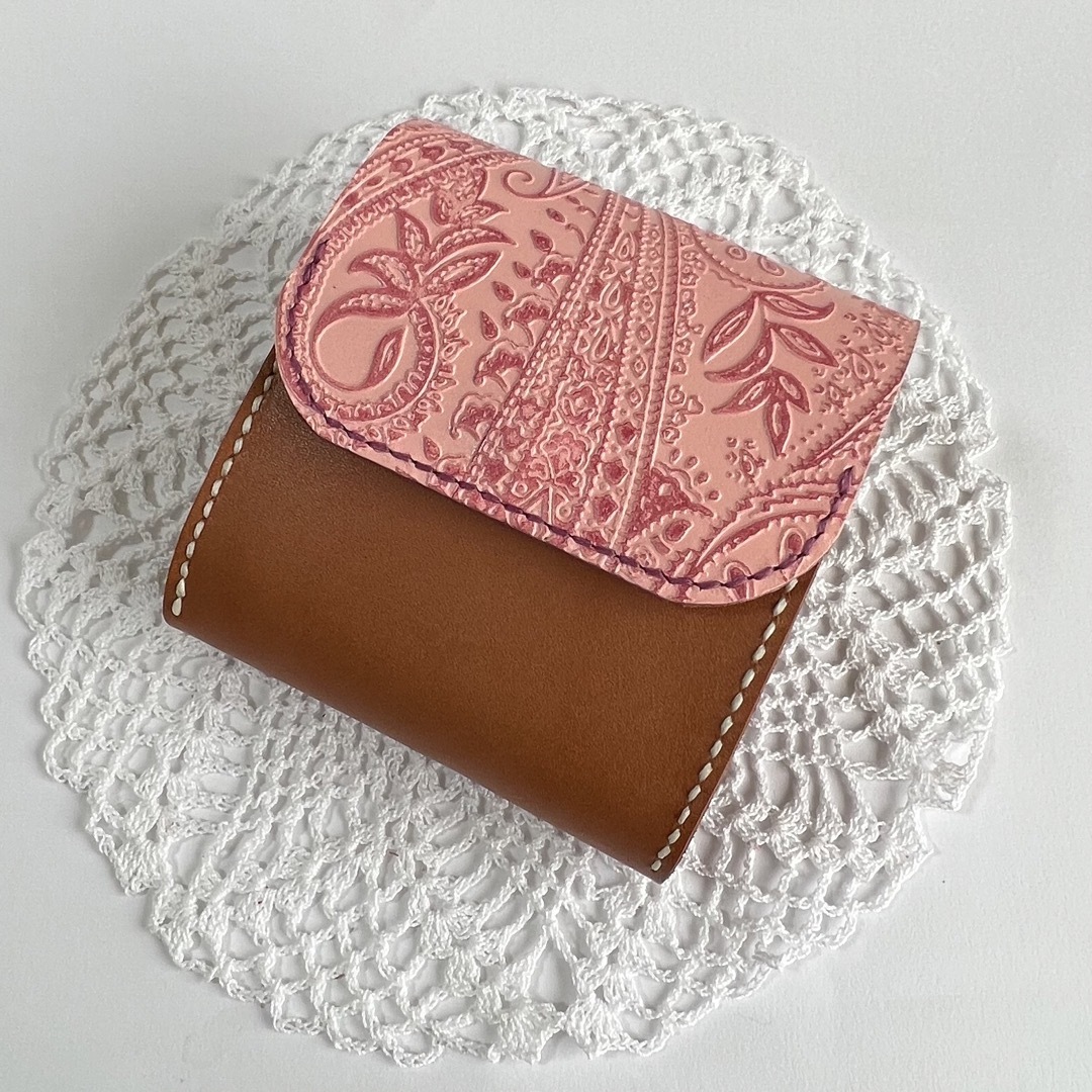 本革 二つ折り財布 ペイズリーピンク❋ブラウン レザークラフト ハンドメイド