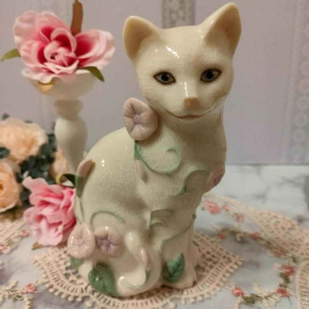 大きなサイズ LENOX レノックス 猫 白猫 陶器 置物 花 キャットCat - 置物