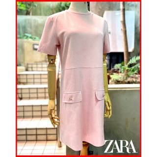 ザラ(ZARA)のｷｭｰﾄ♪ｽｳｪｰﾄﾞ調ｽﾄﾚｯﾁ布帛!淡ﾋﾟﾝｸ!【ZARA】半袖OP送料込(ひざ丈ワンピース)