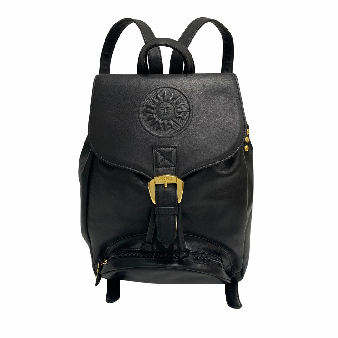 極 美品 VERSACE ヴェルサーチ サンバースト ロゴ 金具 レザー 本革 リュックサック バックパック ボディバッグ ブラック 黒 16965  | フリマアプリ ラクマ