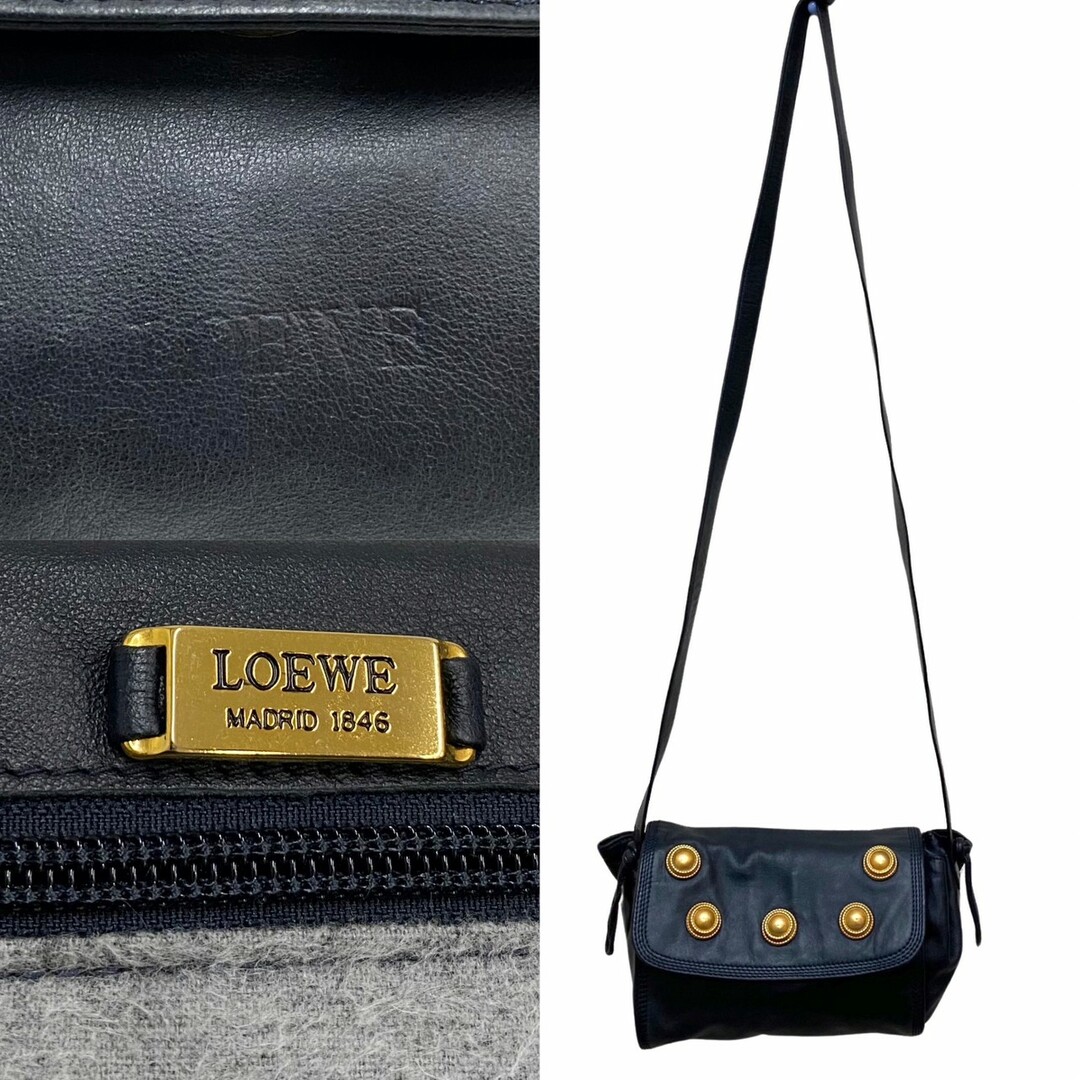 極 美品 希少品 LOEWE ロエベ ヴィンテージ 金具 ロゴ ナッパレザー 本革 ミニ ショルダーバッグ ポシェット ネイビー 紺 68089