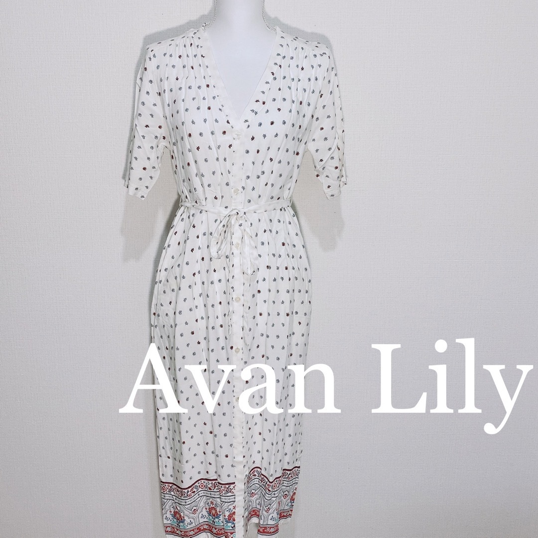 Avan Lily(アバンリリー)のAvan Lily アヴァンリリィ パネル柄 ノーカラーシャツワンピース レディースのワンピース(ロングワンピース/マキシワンピース)の商品写真